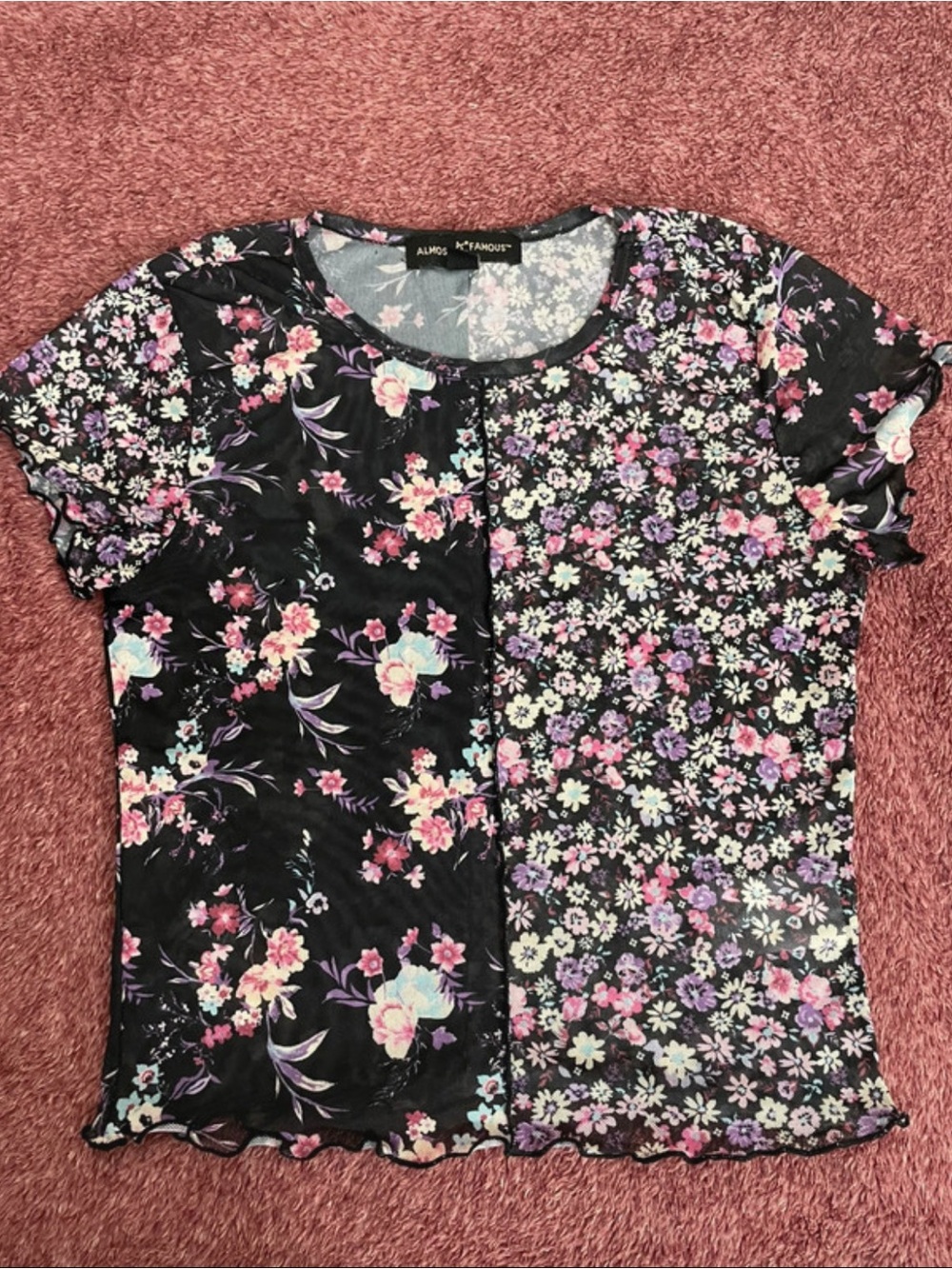 Almost Famous Black Floral Patchwork Short Sleeve Top